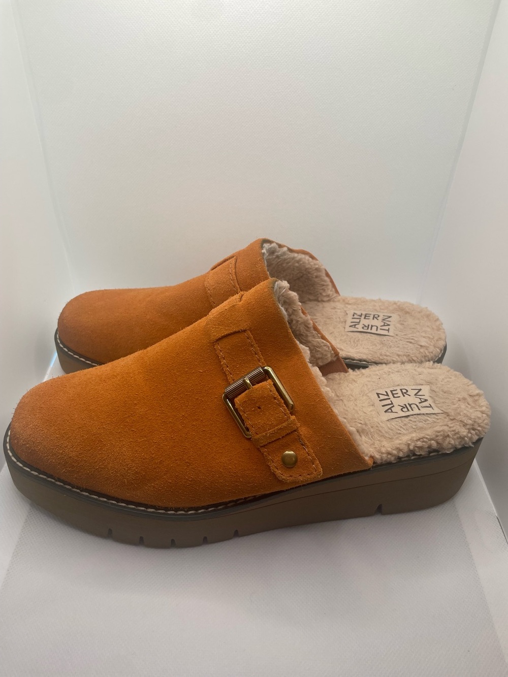 Naturalizer-Women’s Tan Suede Faux-Fur Clog Mules with Buckle